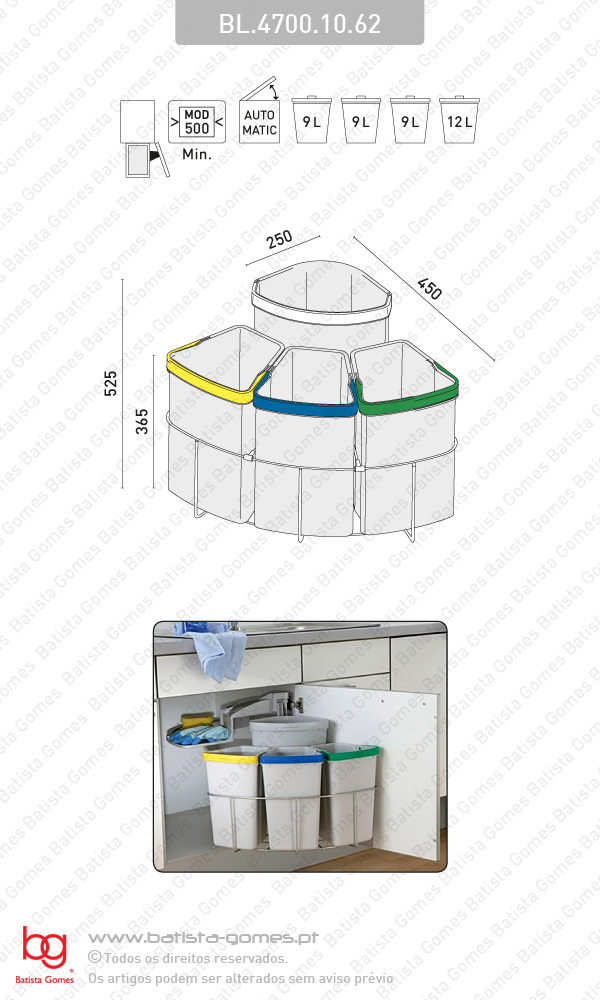 Balde para lixo extra�vel - Porta lateral - M�d. 500 - Autom�tico - 39L